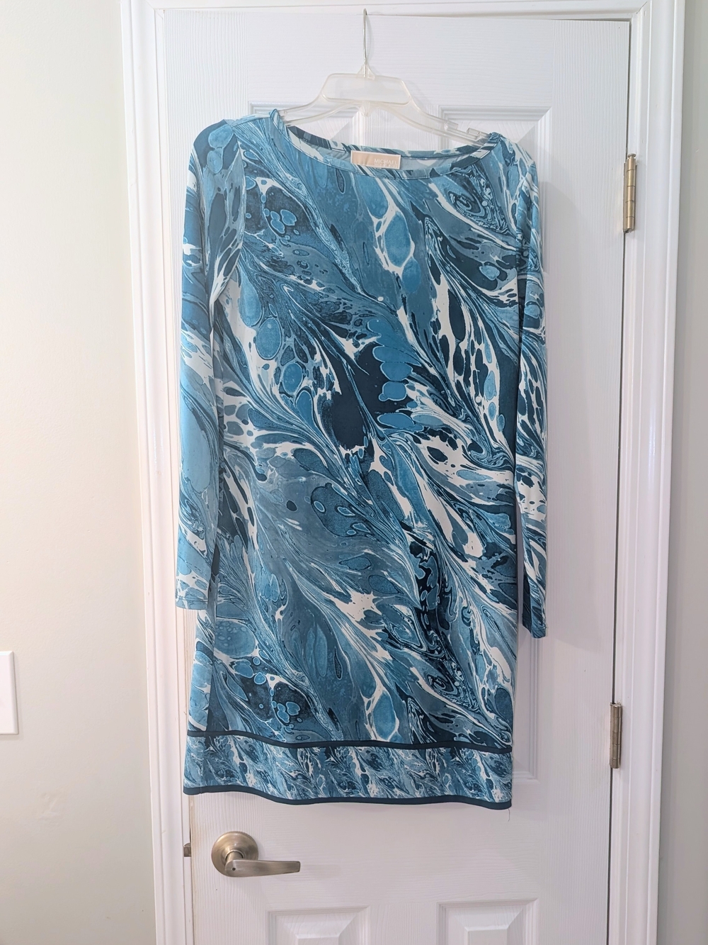 Michael Kors Blue Marble-Print Long-Sleeve Shift Dress